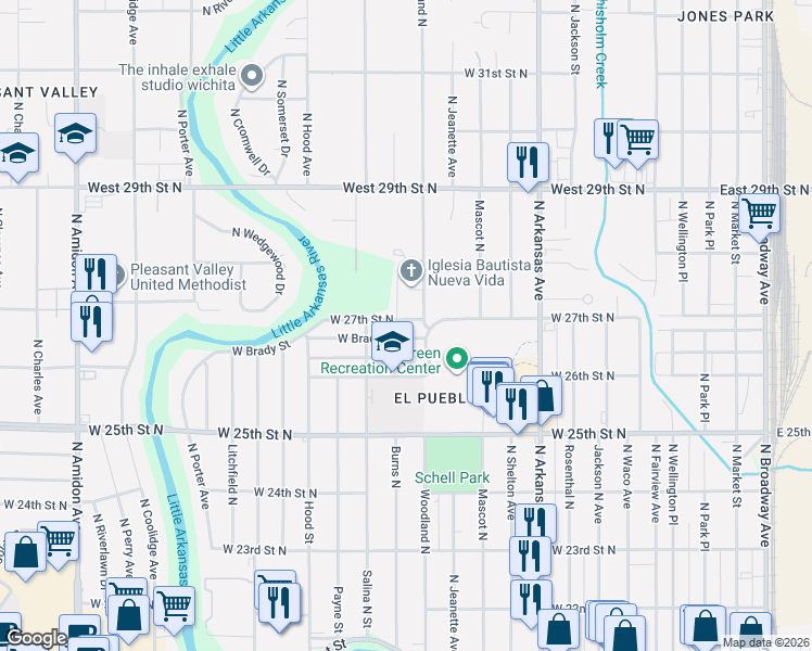 map of restaurants, bars, coffee shops, grocery stores, and more near 1108 West Alcott Street in Wichita