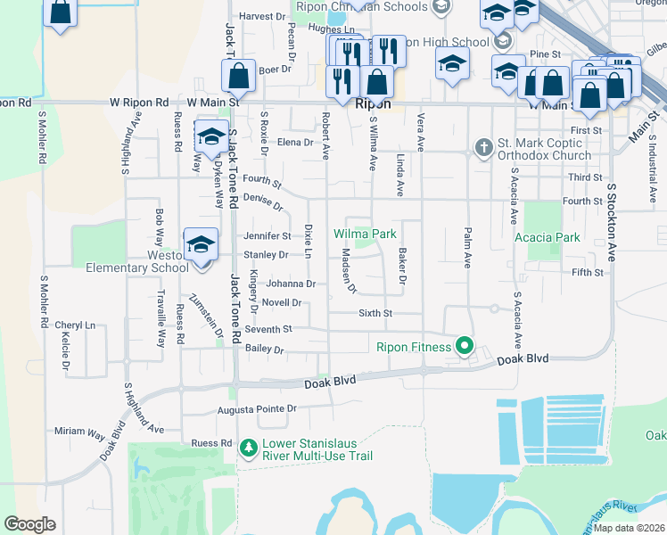 map of restaurants, bars, coffee shops, grocery stores, and more near 708 Robert Avenue in Ripon