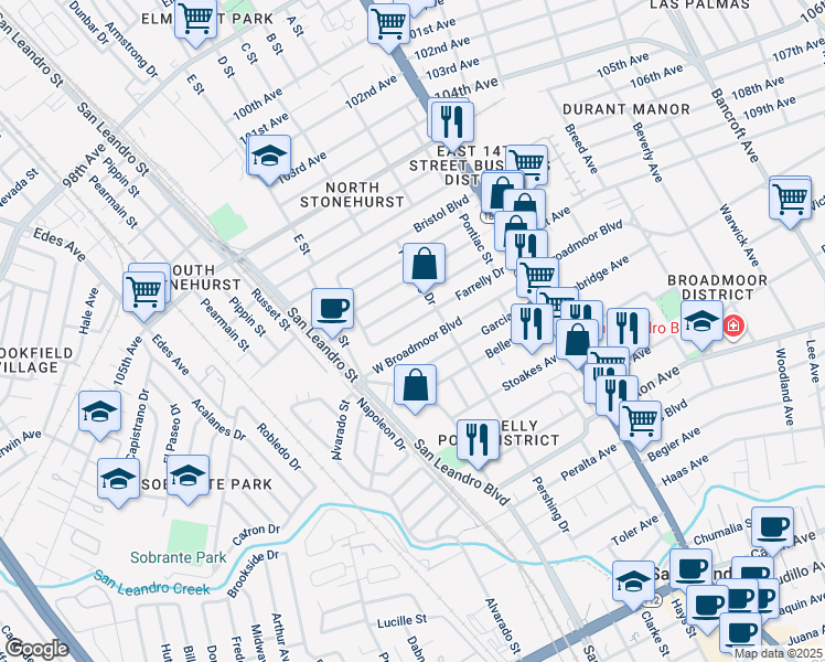 map of restaurants, bars, coffee shops, grocery stores, and more near 337 Farrelly Drive in San Leandro