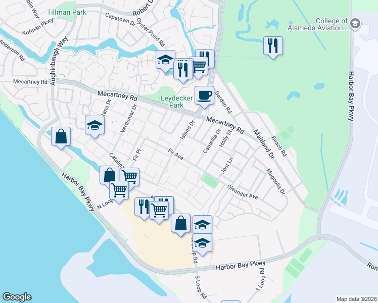 map of restaurants, bars, coffee shops, grocery stores, and more near 3314 Fir Avenue in Alameda