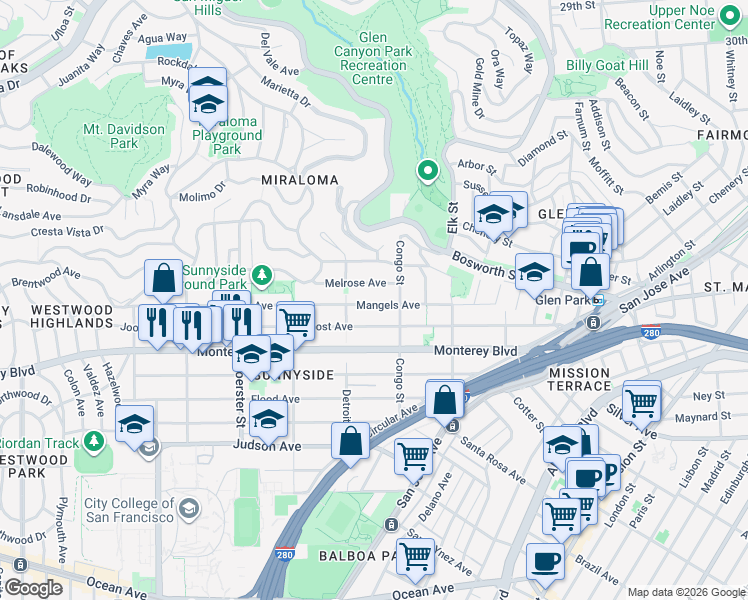 map of restaurants, bars, coffee shops, grocery stores, and more near 246 Mangels Avenue in San Francisco