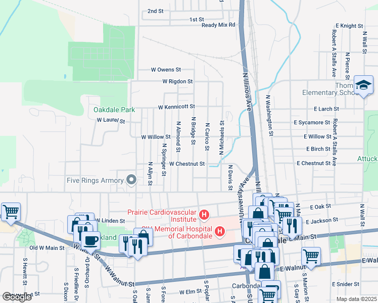 map of restaurants, bars, coffee shops, grocery stores, and more near 401-499 W Chestnut St in Carbondale