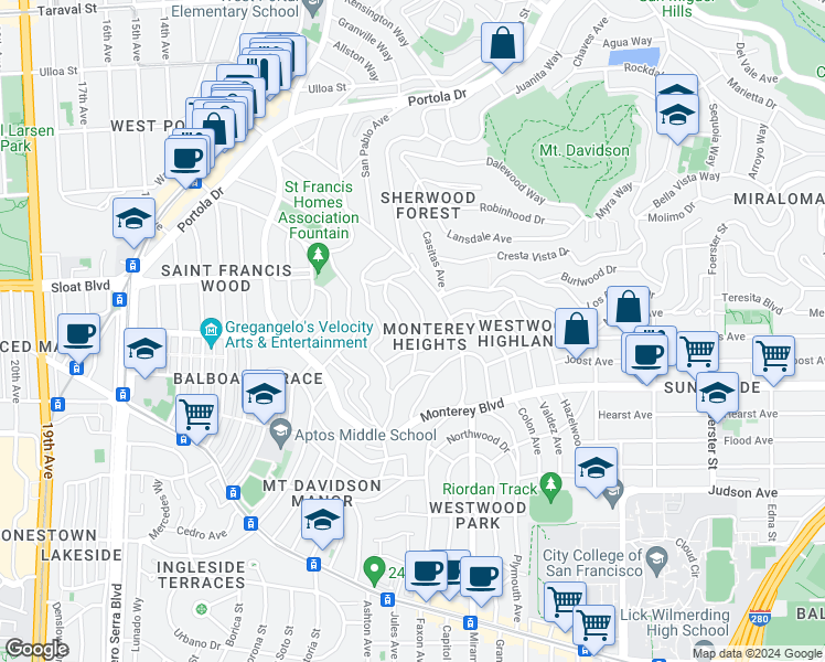 map of restaurants, bars, coffee shops, grocery stores, and more near 91 Fernwood Drive in San Francisco