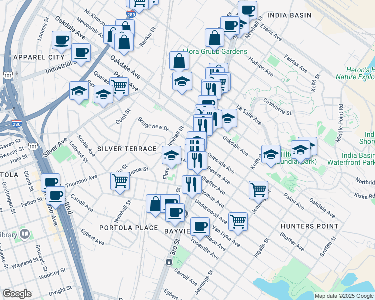 map of restaurants, bars, coffee shops, grocery stores, and more near 1746 Revere Avenue in San Francisco