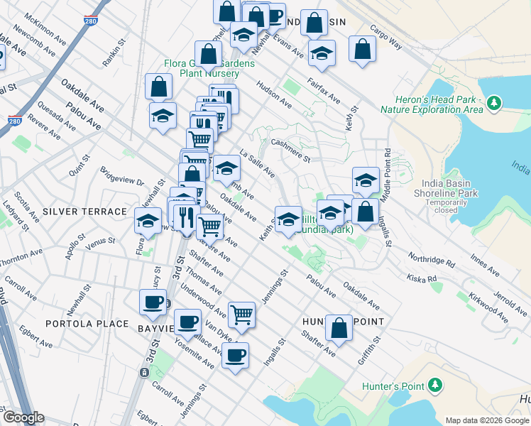 map of restaurants, bars, coffee shops, grocery stores, and more near 1405 McKinnon Avenue in San Francisco
