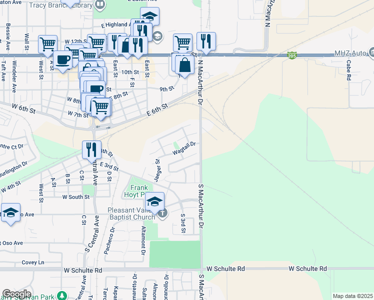 map of restaurants, bars, coffee shops, grocery stores, and more near 530 Wagtail Drive in Tracy