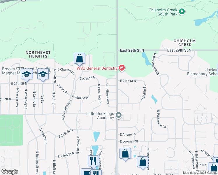 map of restaurants, bars, coffee shops, grocery stores, and more near 2741 Dellrose in Wichita