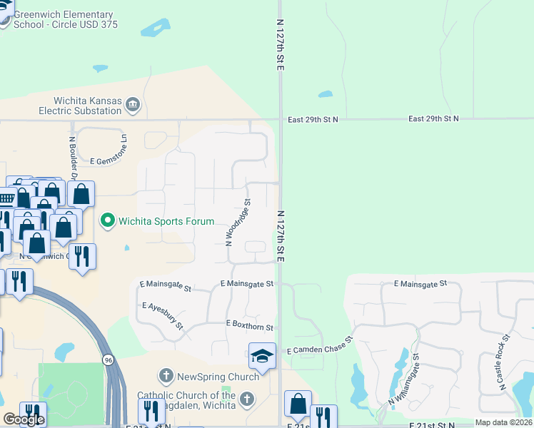 map of restaurants, bars, coffee shops, grocery stores, and more near 2725 North 127th Street East in Wichita