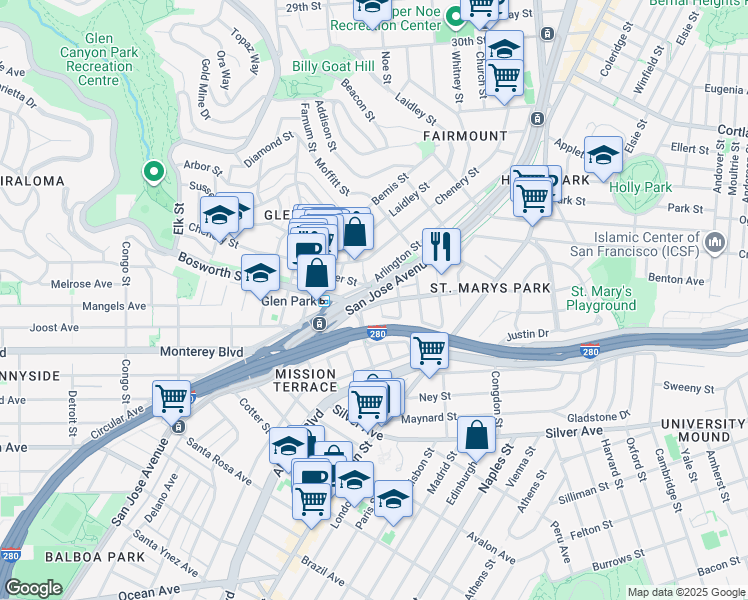 map of restaurants, bars, coffee shops, grocery stores, and more near 426 Bosworth Street in San Francisco