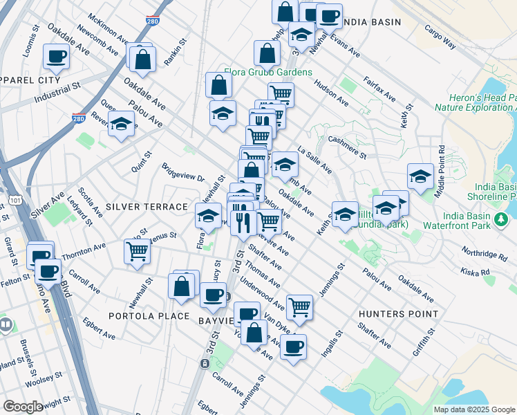 map of restaurants, bars, coffee shops, grocery stores, and more near 4904 3rd Street in San Francisco