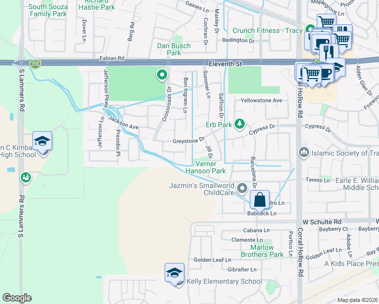 map of restaurants, bars, coffee shops, grocery stores, and more near 2522 Greystone Drive in Tracy