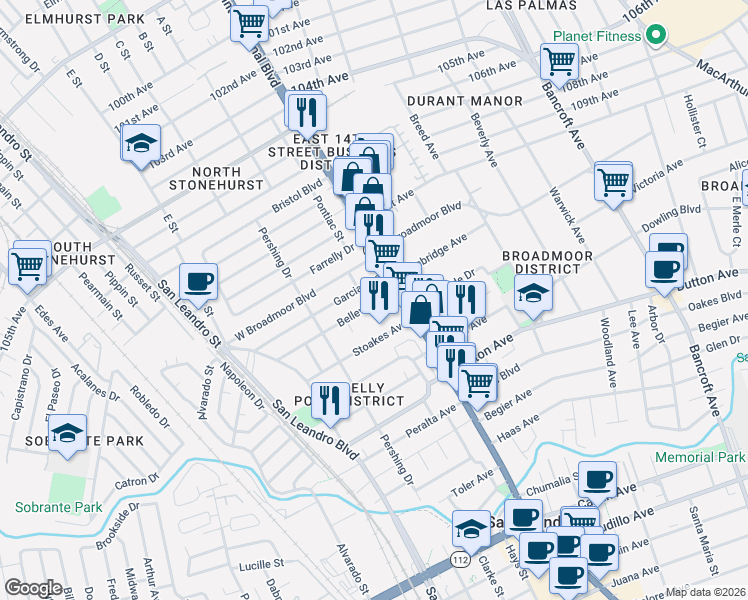 map of restaurants, bars, coffee shops, grocery stores, and more near in San Leandro