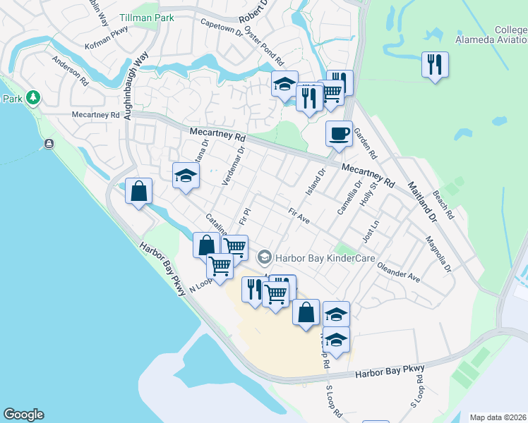 map of restaurants, bars, coffee shops, grocery stores, and more near 3150 Fir Avenue in Alameda
