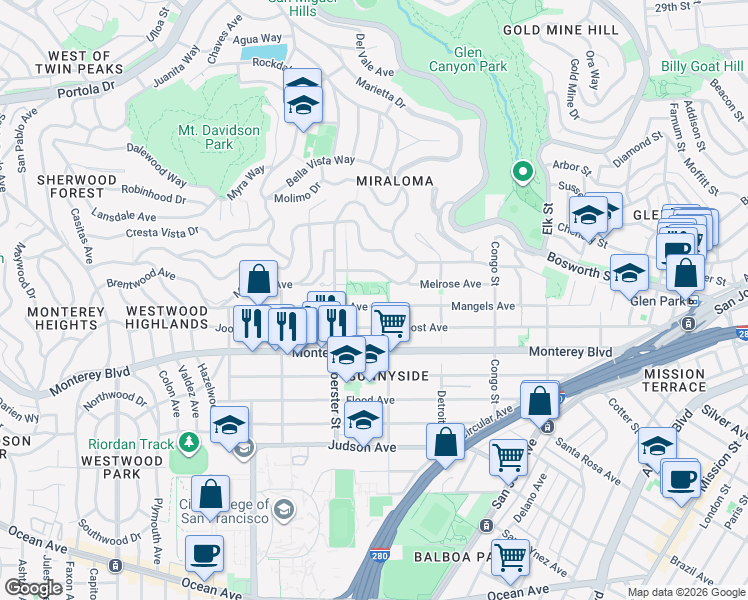 map of restaurants, bars, coffee shops, grocery stores, and more near 906 Teresita Boulevard in San Francisco
