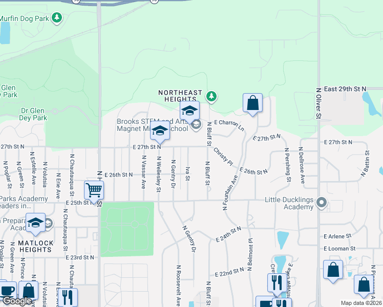 map of restaurants, bars, coffee shops, grocery stores, and more near 2758 Iva Street in Wichita