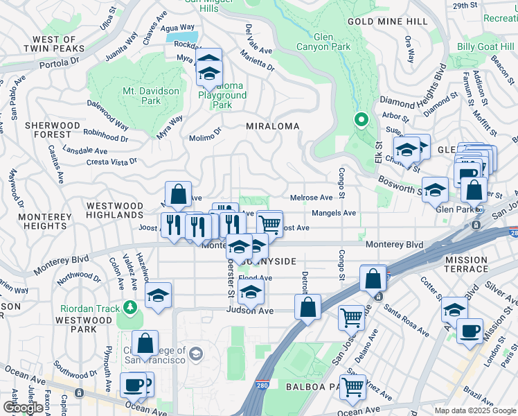 map of restaurants, bars, coffee shops, grocery stores, and more near 906 Teresita Boulevard in San Francisco