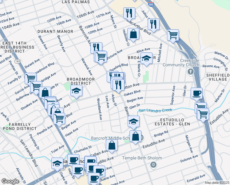 map of restaurants, bars, coffee shops, grocery stores, and more near 575 Dutton Avenue in San Leandro