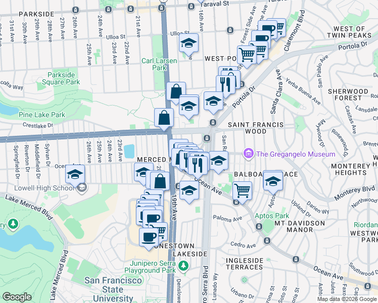 map of restaurants, bars, coffee shops, grocery stores, and more near 21 Lagunitas Drive in San Francisco