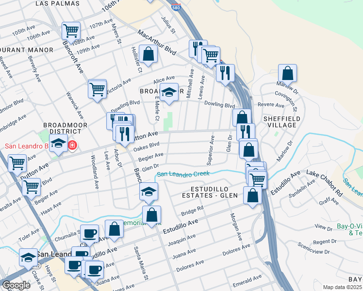 map of restaurants, bars, coffee shops, grocery stores, and more near 999 Oakes Boulevard in San Leandro
