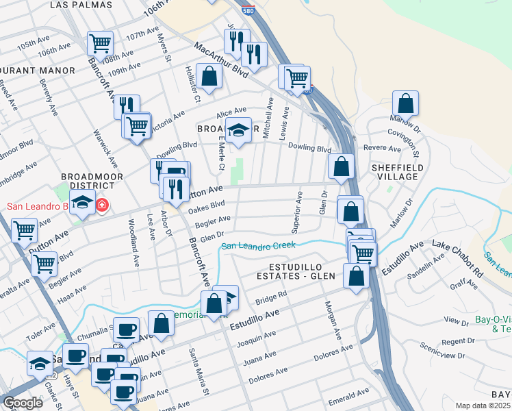 map of restaurants, bars, coffee shops, grocery stores, and more near 999 Oakes Boulevard in San Leandro