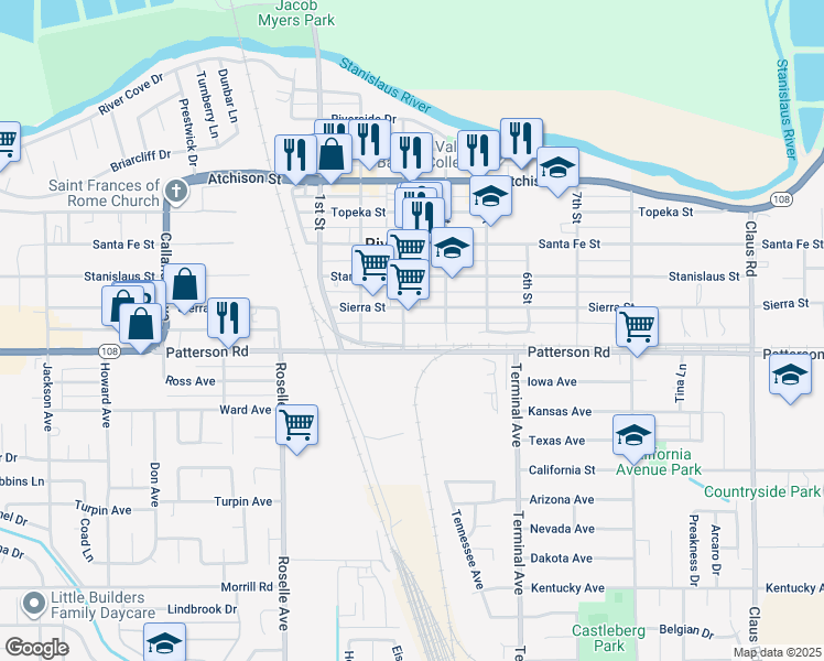 map of restaurants, bars, coffee shops, grocery stores, and more near 6418 3rd Street in Riverbank