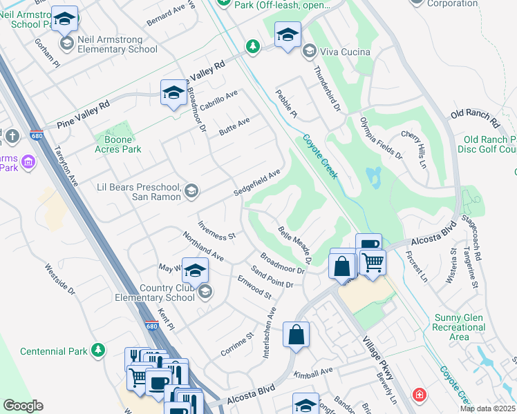 map of restaurants, bars, coffee shops, grocery stores, and more near 9610 Belle Meade Drive in San Ramon
