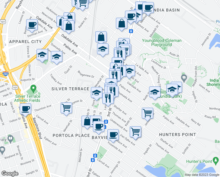 map of restaurants, bars, coffee shops, grocery stores, and more near 1729 Quesada Avenue in San Francisco