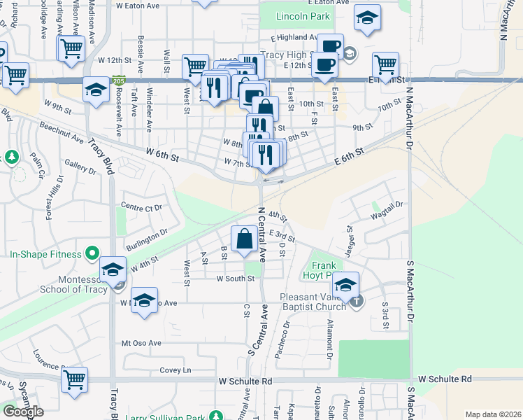 map of restaurants, bars, coffee shops, grocery stores, and more near 415 North Central Avenue in Tracy