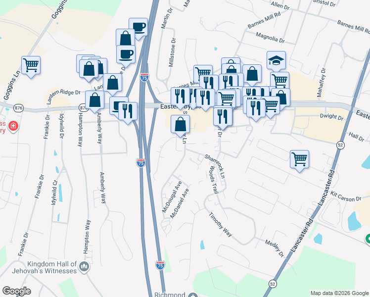map of restaurants, bars, coffee shops, grocery stores, and more near 159 South Killarney Lane in Richmond
