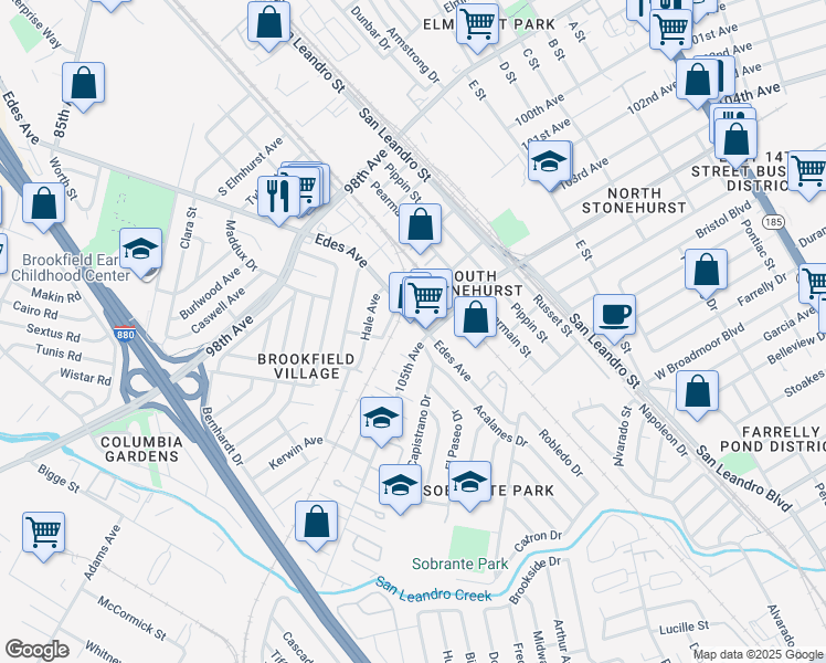 map of restaurants, bars, coffee shops, grocery stores, and more near 685 Cary Avenue in Oakland