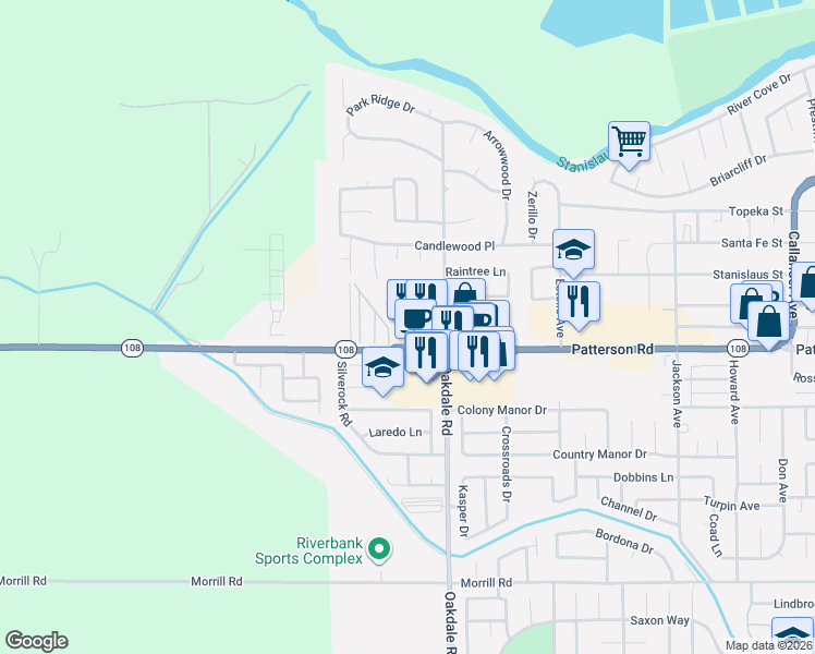 map of restaurants, bars, coffee shops, grocery stores, and more near 6412 Kenneth Charles Court in Riverbank