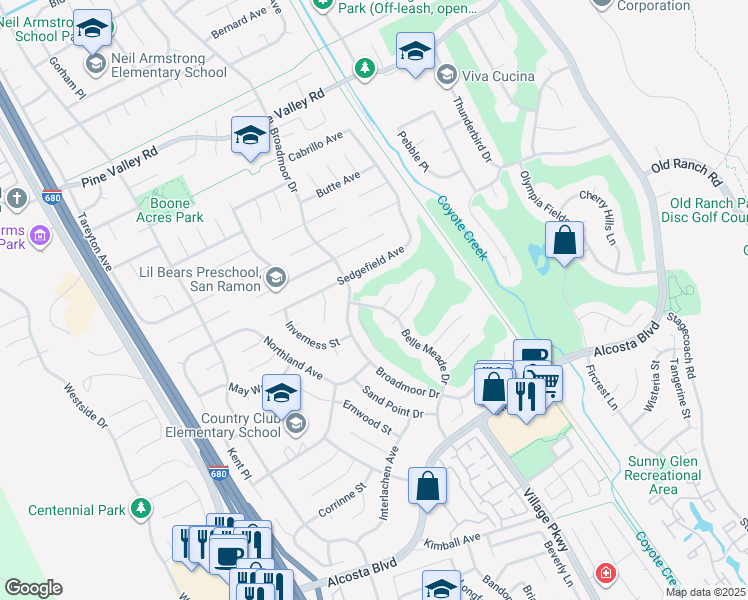 map of restaurants, bars, coffee shops, grocery stores, and more near 9610 Belle Meade Drive in San Ramon