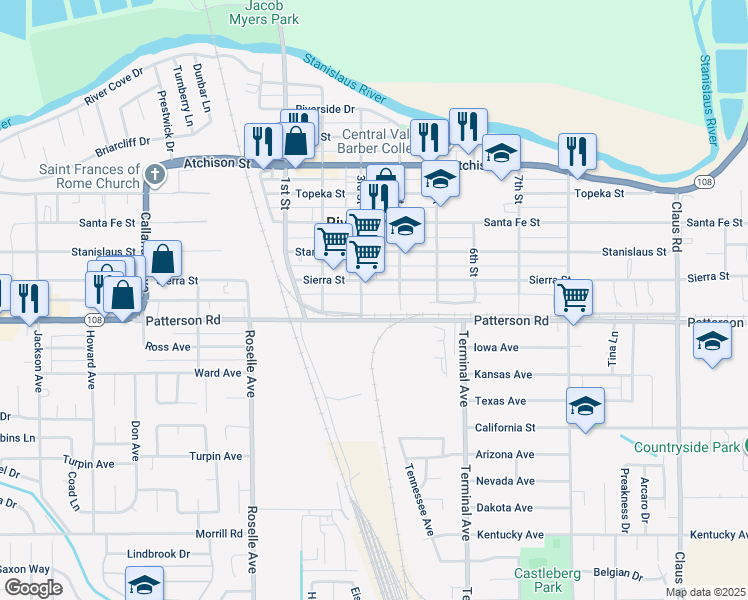 map of restaurants, bars, coffee shops, grocery stores, and more near 3338 Sierra Street in Riverbank