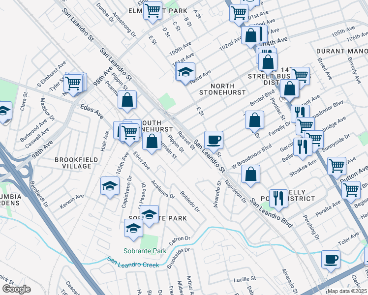 map of restaurants, bars, coffee shops, grocery stores, and more near 10713 Russet Street in Oakland