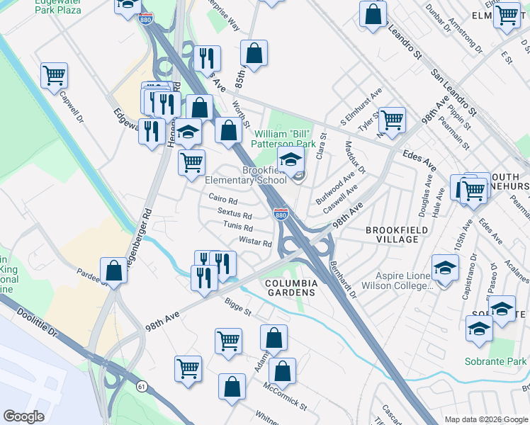 map of restaurants, bars, coffee shops, grocery stores, and more near 9437 Coral Road in Oakland