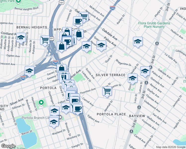 map of restaurants, bars, coffee shops, grocery stores, and more near 37 Scotia Avenue in San Francisco
