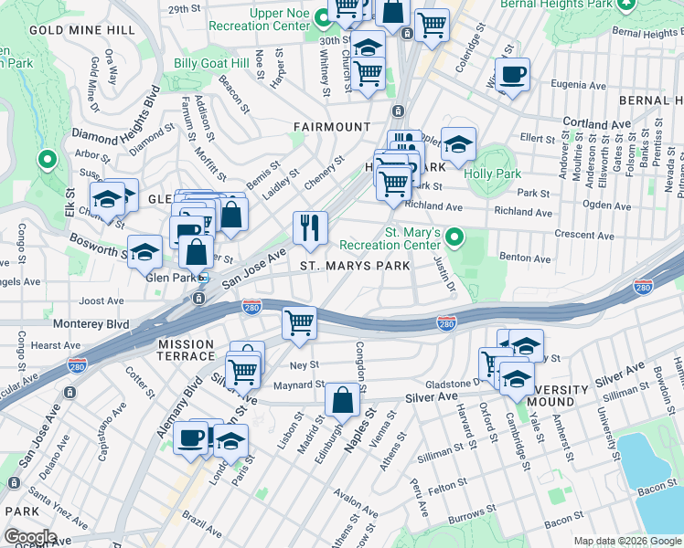 map of restaurants, bars, coffee shops, grocery stores, and more near 19 Saint Marys Avenue in San Francisco