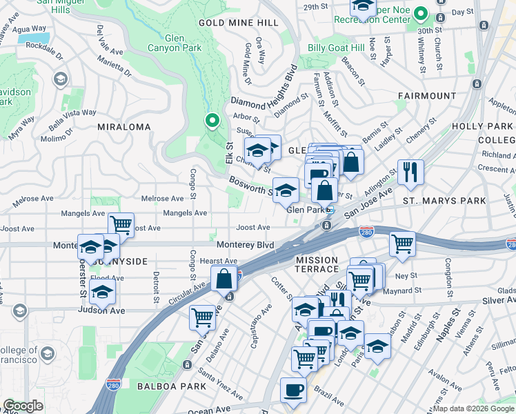 map of restaurants, bars, coffee shops, grocery stores, and more near 943 Bosworth Street in San Francisco