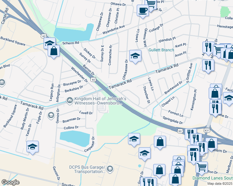 map of restaurants, bars, coffee shops, grocery stores, and more near 3800 Brentwood Drive in Owensboro