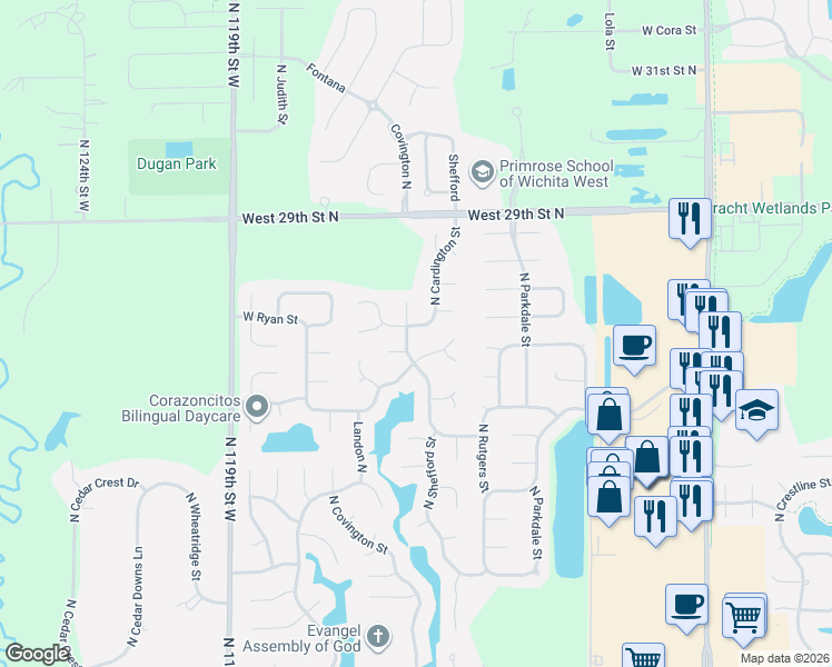 map of restaurants, bars, coffee shops, grocery stores, and more near 2807 North Shefford Circle in Wichita