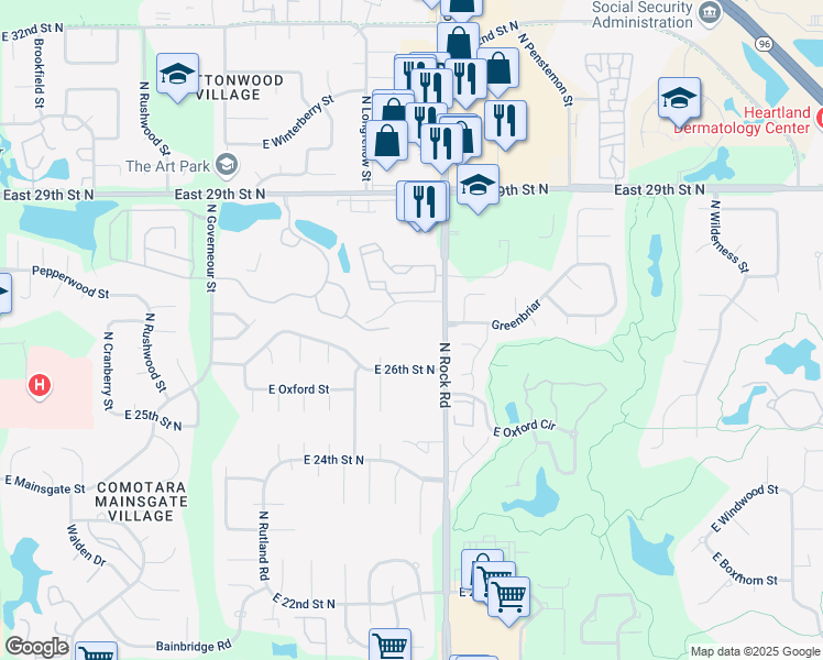 map of restaurants, bars, coffee shops, grocery stores, and more near 7700-7824 E Greenbriar Cir in Wichita