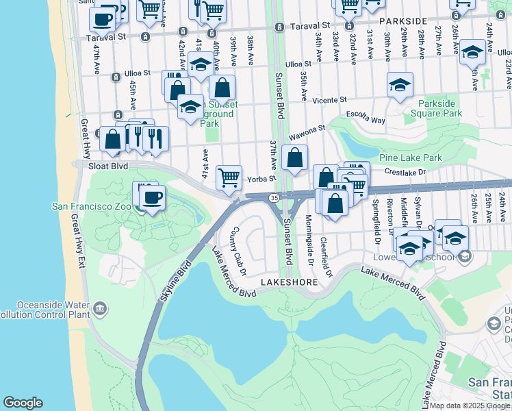map of restaurants, bars, coffee shops, grocery stores, and more near 419 Lakeshore Drive in San Francisco