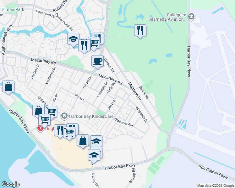 map of restaurants, bars, coffee shops, grocery stores, and more near 1034 Trellis Lane in Alameda