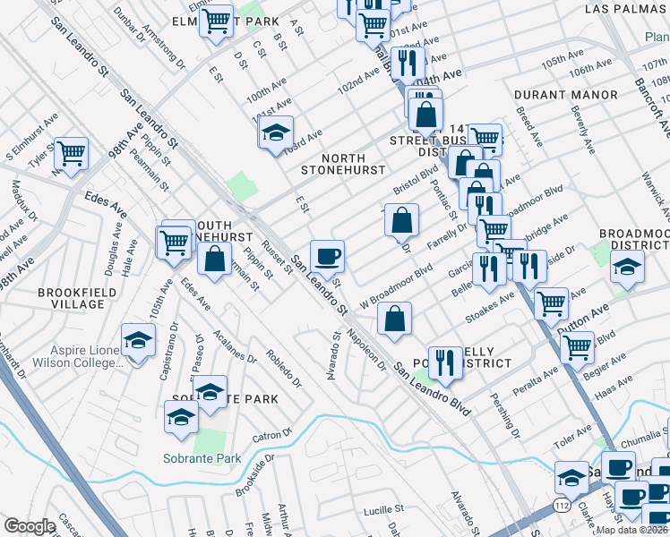 map of restaurants, bars, coffee shops, grocery stores, and more near 79 Dorchester Avenue in San Leandro
