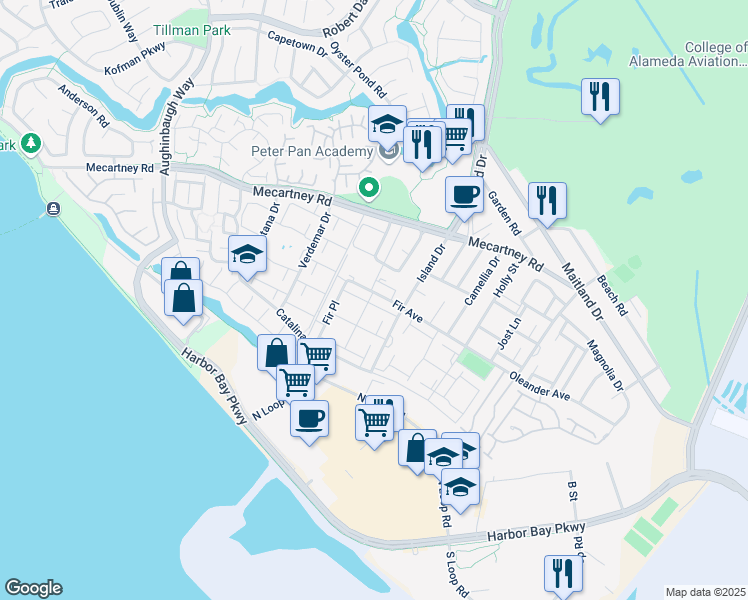 map of restaurants, bars, coffee shops, grocery stores, and more near 3200 Fir Avenue in Alameda