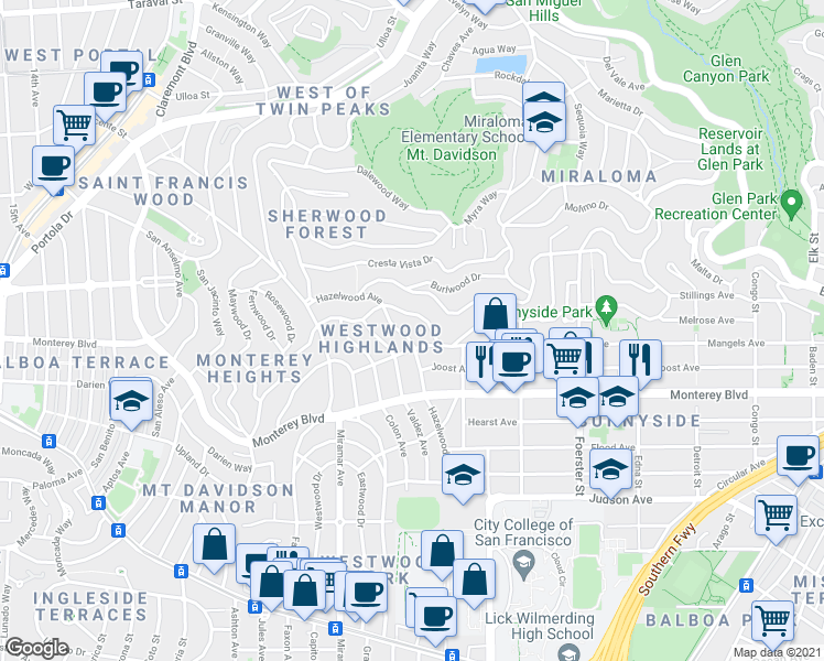 map of restaurants, bars, coffee shops, grocery stores, and more near 61 Brentwood Avenue in San Francisco