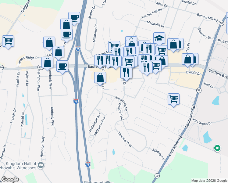 map of restaurants, bars, coffee shops, grocery stores, and more near 159 South Killarney Lane in Richmond