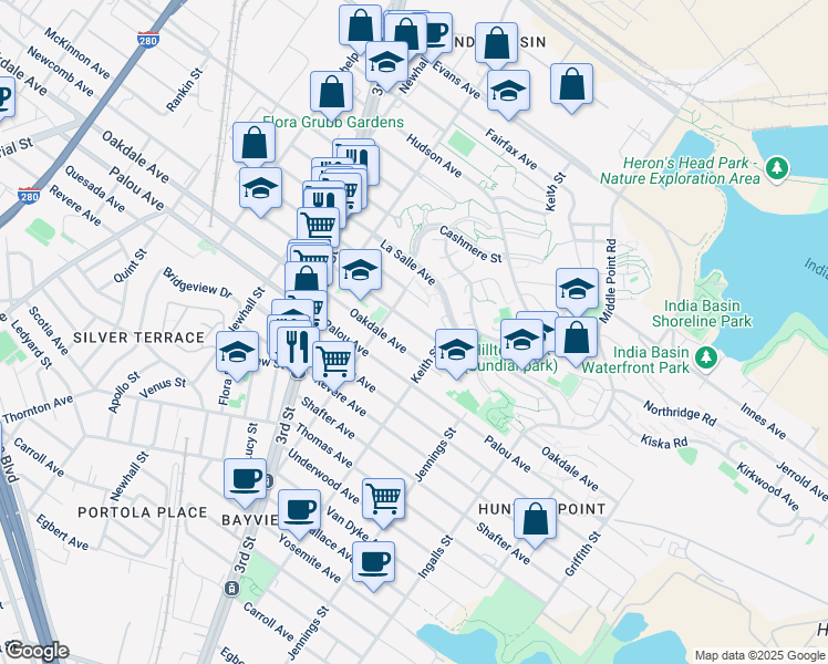 map of restaurants, bars, coffee shops, grocery stores, and more near 1447 Newcomb Avenue in San Francisco