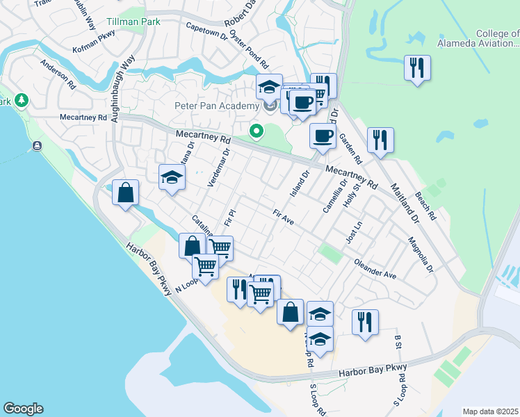map of restaurants, bars, coffee shops, grocery stores, and more near 3200 Fir Avenue in Alameda