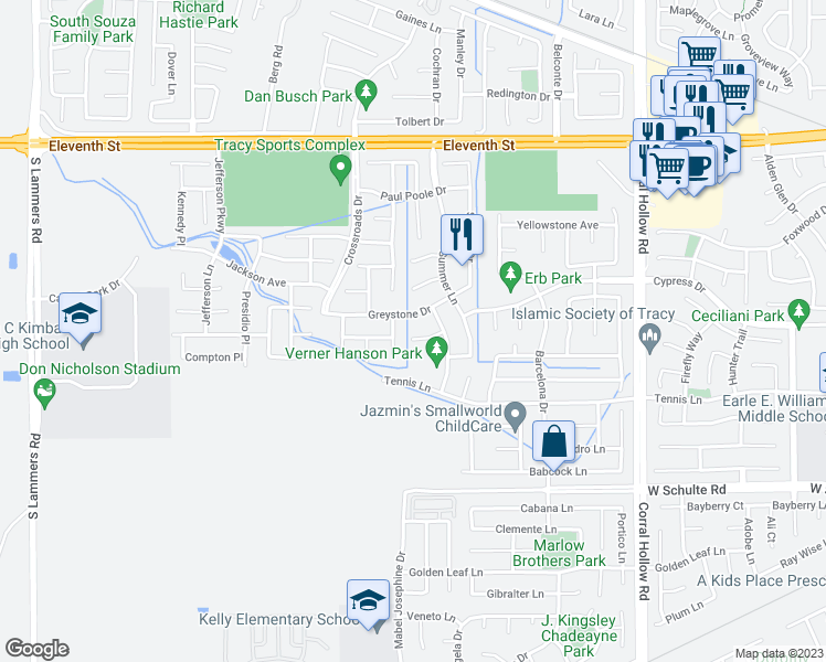 map of restaurants, bars, coffee shops, grocery stores, and more near 2483 Angora Court in Tracy